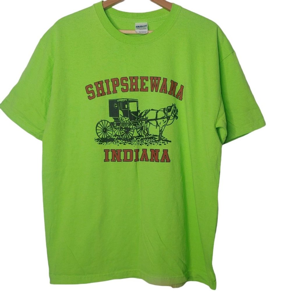 Shipshewana Indiana Amish Horse & Buggy Mens Large T Shirt Mennonite Lime Green
